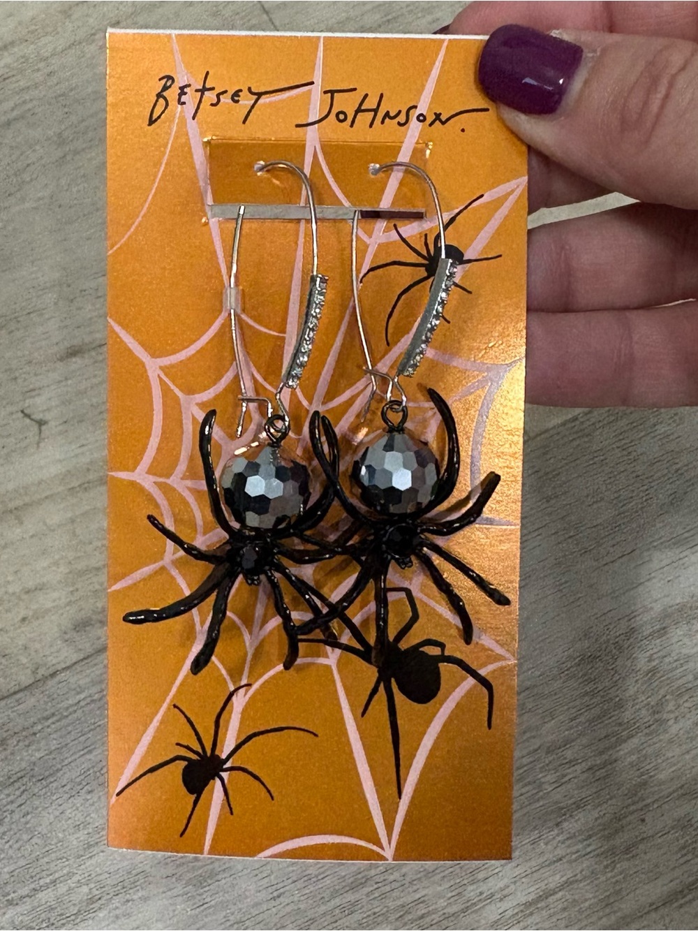 Betsey Johnson Silver Tone Disco Ball Spider Halloween Earrings NWT